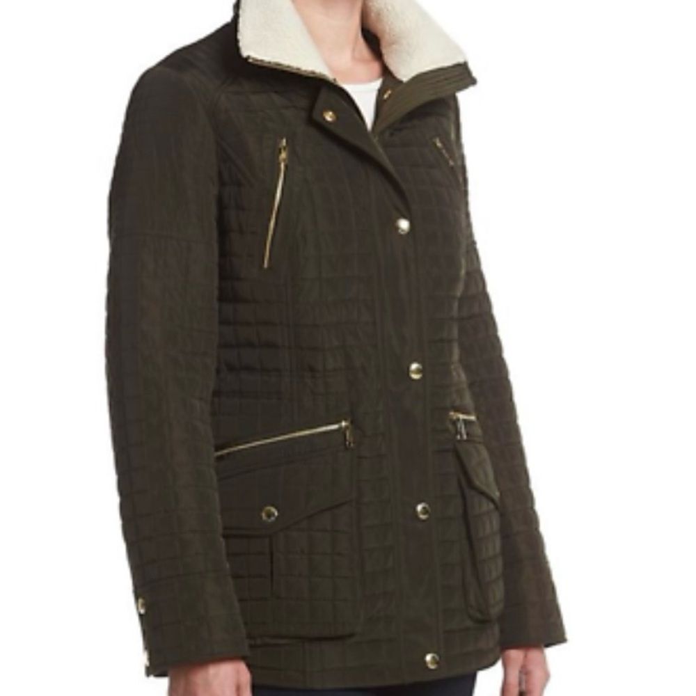 Michael Kors Quilted Anorak Zip Front Coat in Dark Moss Olive Size Small